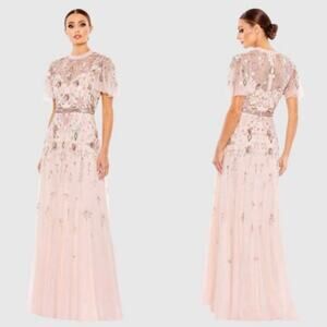 Mac Duggal Sz 8 Pink Sequin Embellished High Neck Butterfly Sleeve Formal Gown